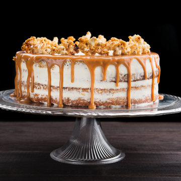 Two-layer chocolate popcorn cake with toffee sauce
